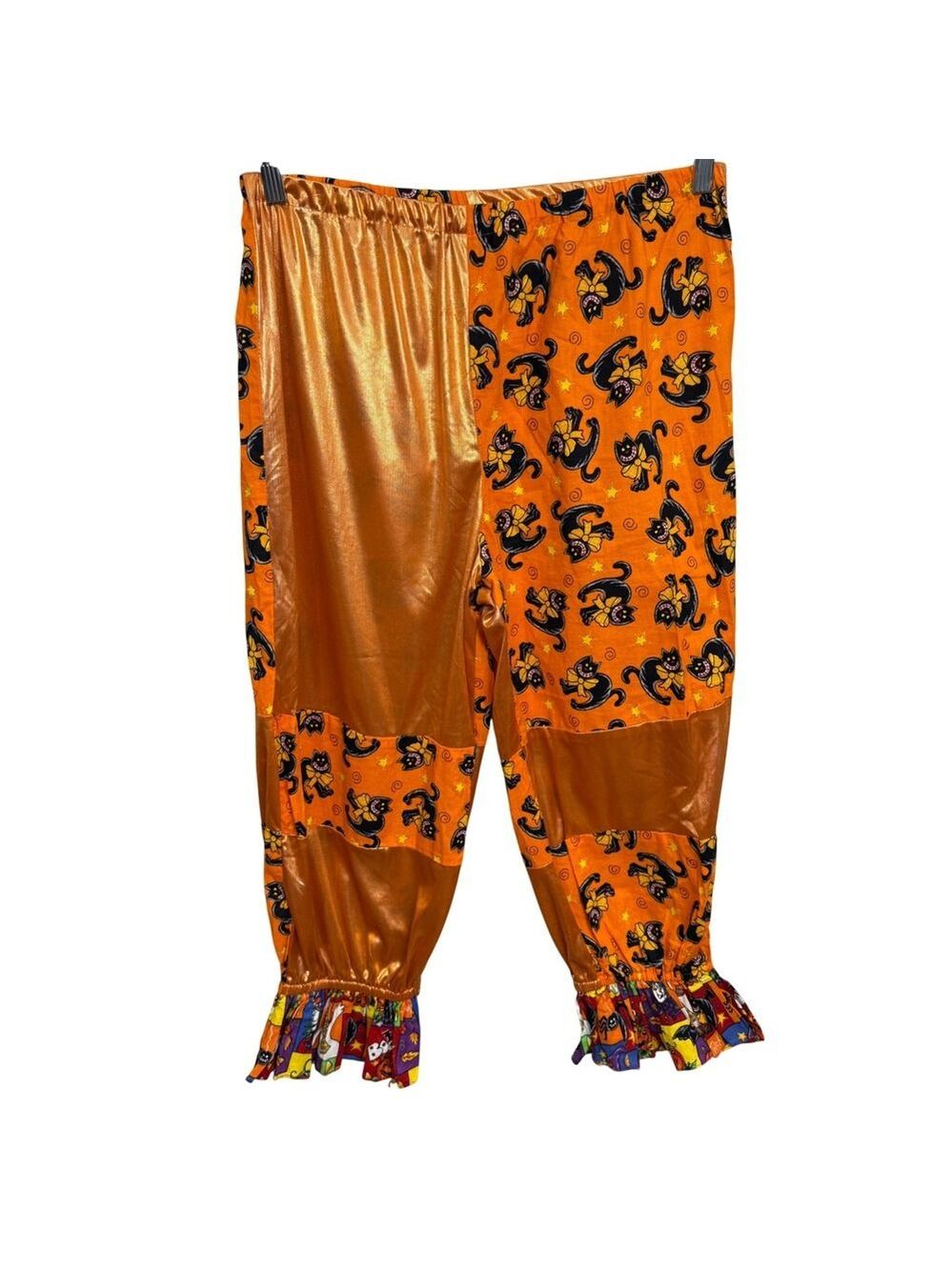 Handmade Vintage Halloween Clown Pants Orange Metallic Black Cat Print Large